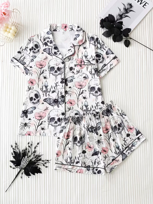 2pcs Gothic Style Skull Butterfly Floral Print Short Sleeve Women'S Pajamas