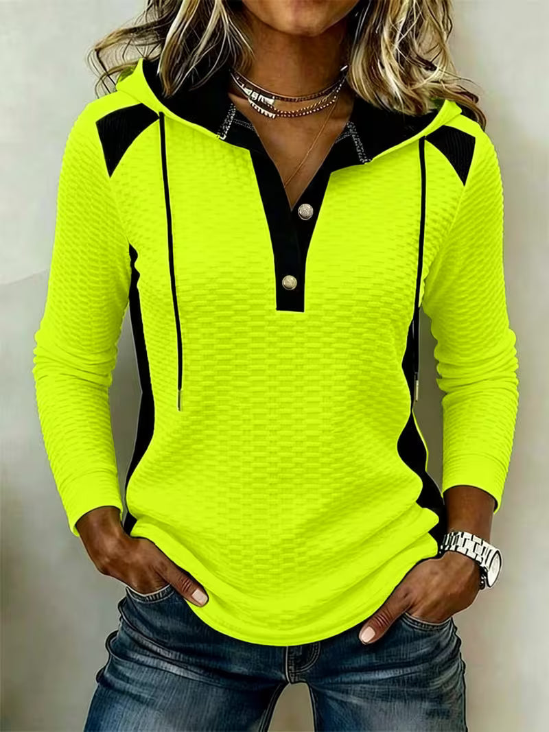 Contrast Hooded Drawstring Henley Neck Sweatshirt