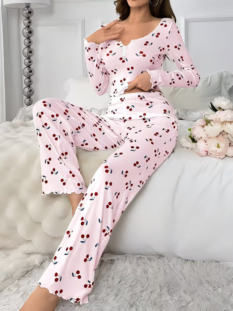 Ladies Long Sleeved Cherry Print Pyjamas