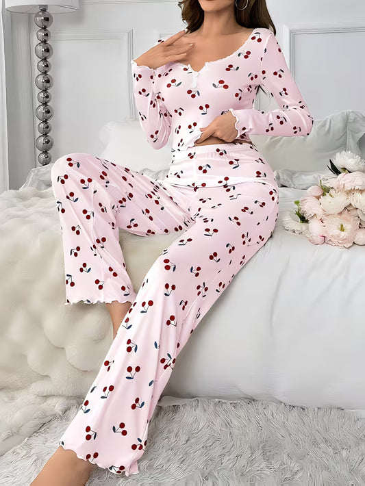 Ladies Long Sleeved Cherry Print Pyjamas
