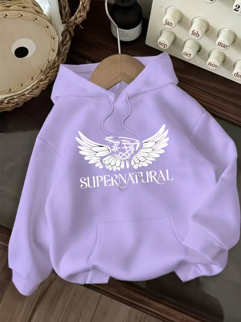 Women'S Casual Hoodie with Angel Wings & "SUPERNATURAL" Print