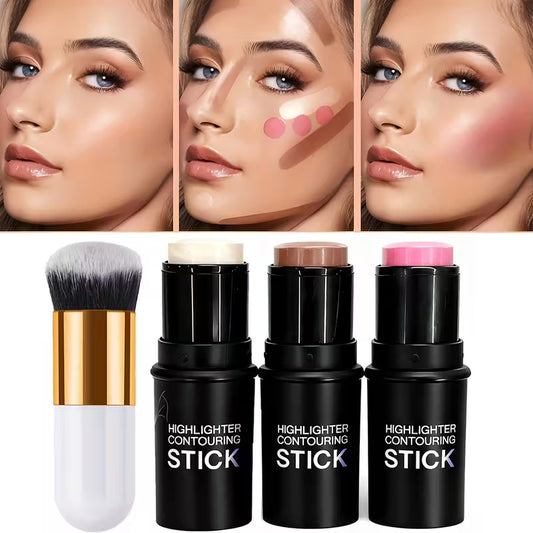 4pcs Contour Stick Set with Highlighter, Blush, Bronzer & Golden Powder Brush