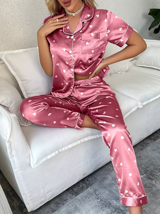 Women's Satin Heart Casual Pajama Set