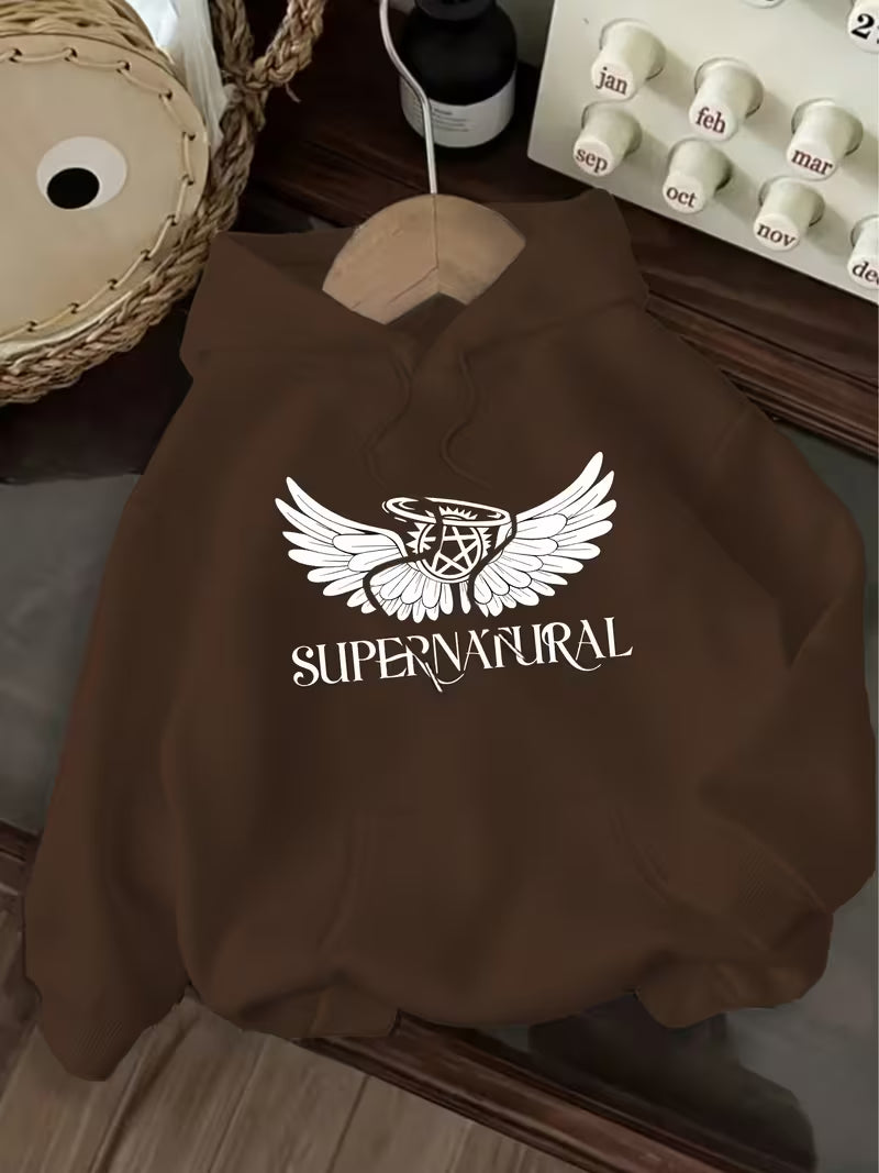 Women'S Casual Hoodie with Angel Wings & "SUPERNATURAL" Print