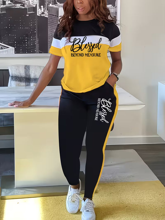 Women's 2pcs Set-Casual Color-Block "Blessed" Pattern T-Shirt And Pants