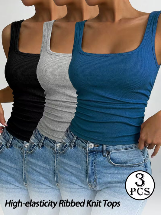 3pcs Plus Size Square Neck Ribbed Vests