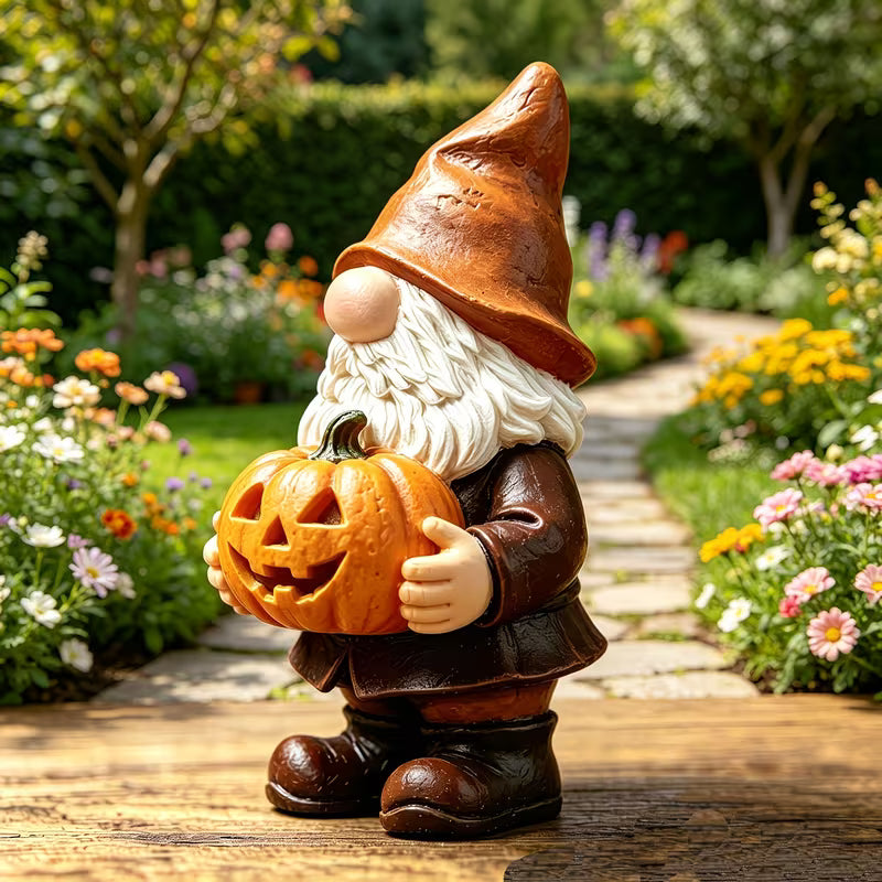 Halloween Gnome Holding Pumpkin Resin Statue
