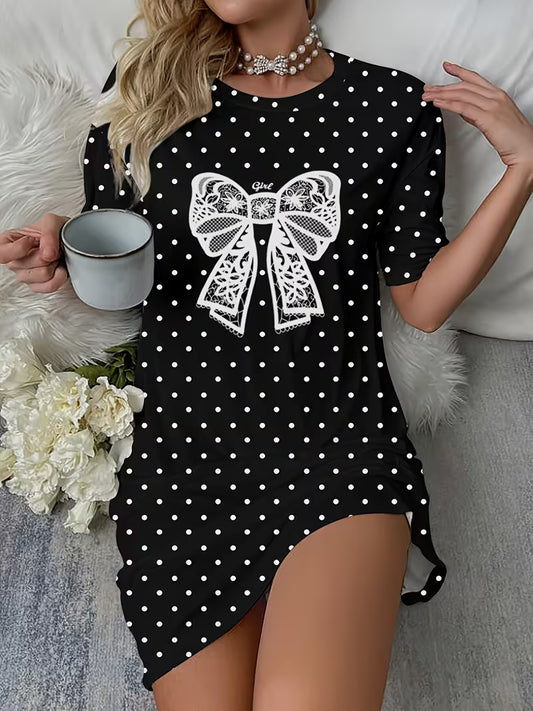 Women's Short Sleeve Round Neck T-Shirt Bow Nightgown