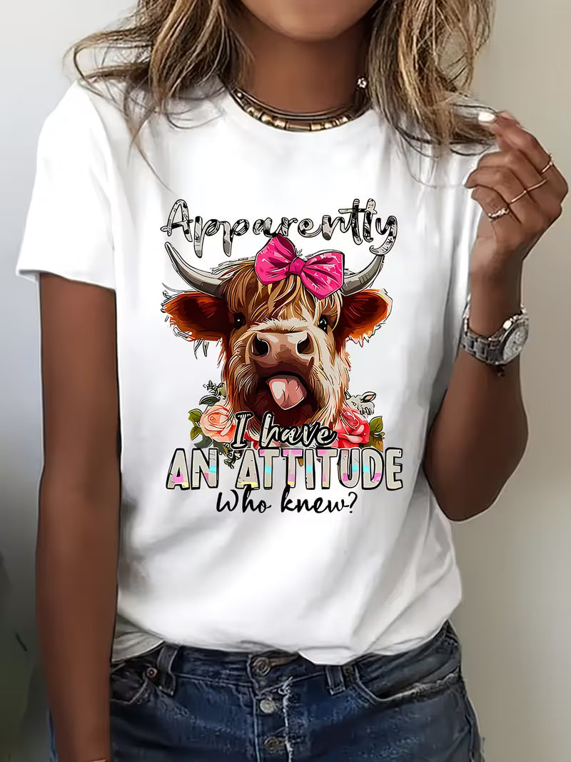 Women's Funny "Apparently I Have AN ATTITUDE Who Knew" Scottish Highland Cow Graphic T-Shirt