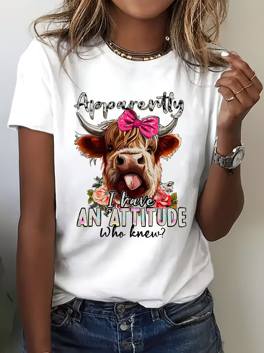 Women's Funny "Apparently I Have AN ATTITUDE Who Knew" Scottish Highland Cow Graphic T-Shirt