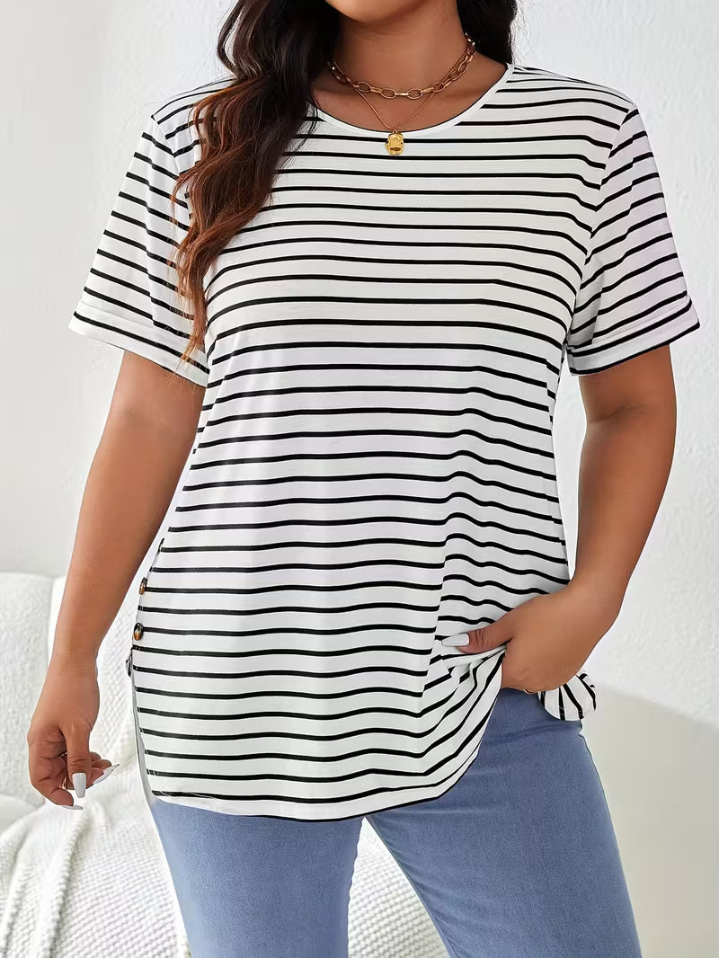 Plus Size Women's Two-Tone Striped Casual Short Sleeve Top