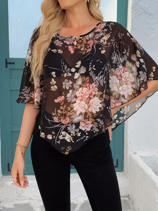 Women's Chiffon Batwing Sleeve Floral Blouse