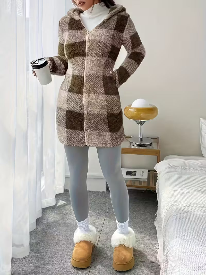 Plaid Patterned Reversible Plush Hooded Zip-Up Cardigan