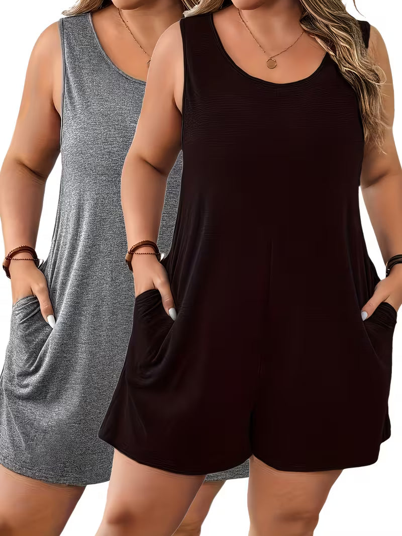 2-Pack Plus Size Women'S Solid Color Easy Sleeveless Jumpsuit