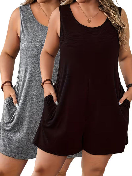 2-Pack Plus Size Women'S Solid Color Easy Sleeveless Jumpsuit