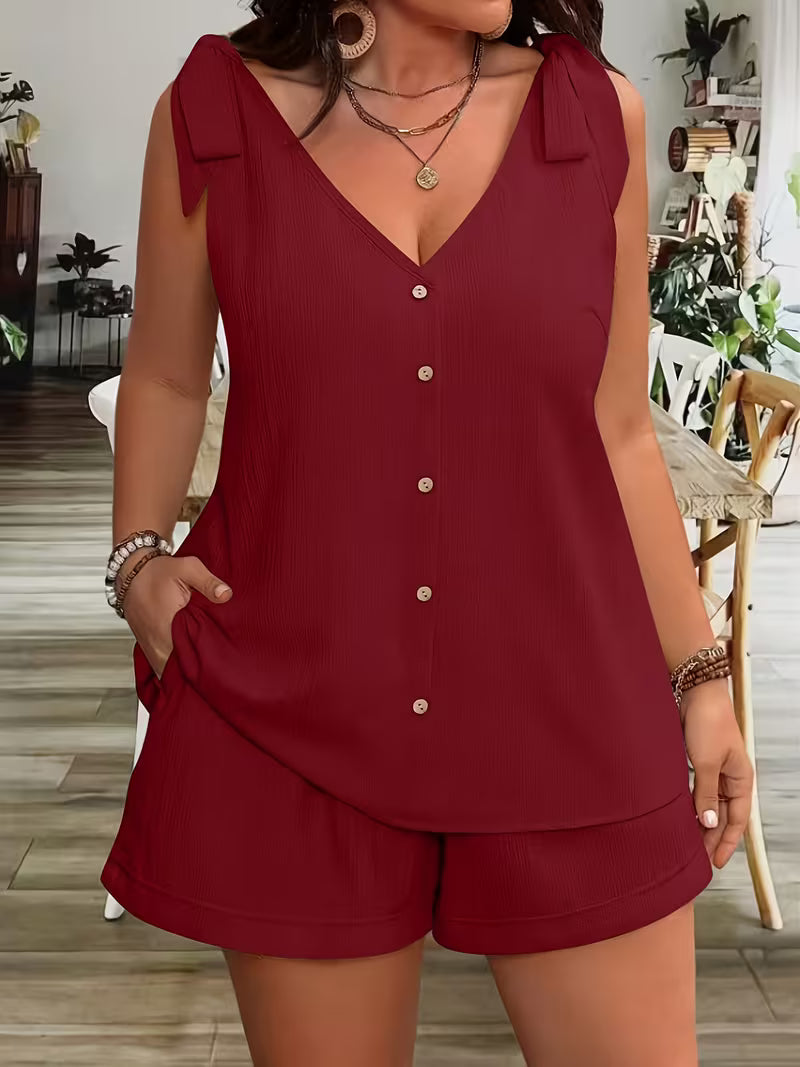 Plus Size Elegant Solid Color V-Neck Sleeveless Top + Simple Loose Shorts Set