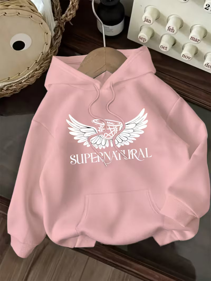 Women'S Casual Hoodie with Angel Wings & "SUPERNATURAL" Print