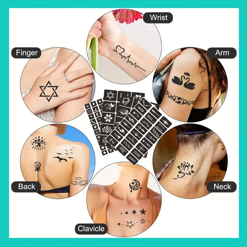 10 Temporary Metallic Dual-Ended Tattoo Pens + Multiple Template Set