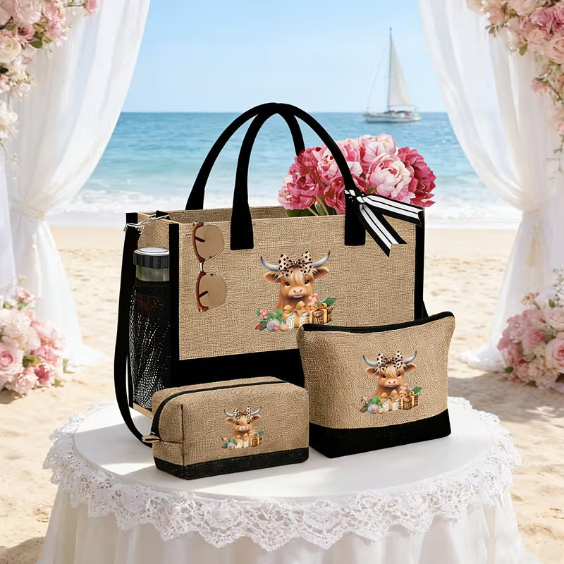 Set of 3 Ladies Tote Bags Featuring a Highland Cow