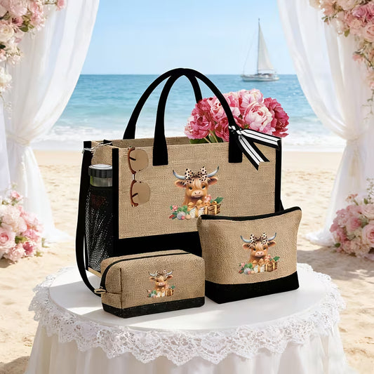 Set of 3 Ladies Tote Bags Featuring a Highland Cow