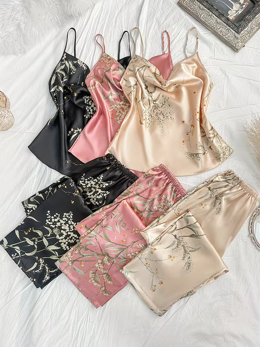 6PC Women's Printed Ruffled Neck Comfortable Home Cami and Long Pants Pajama Set