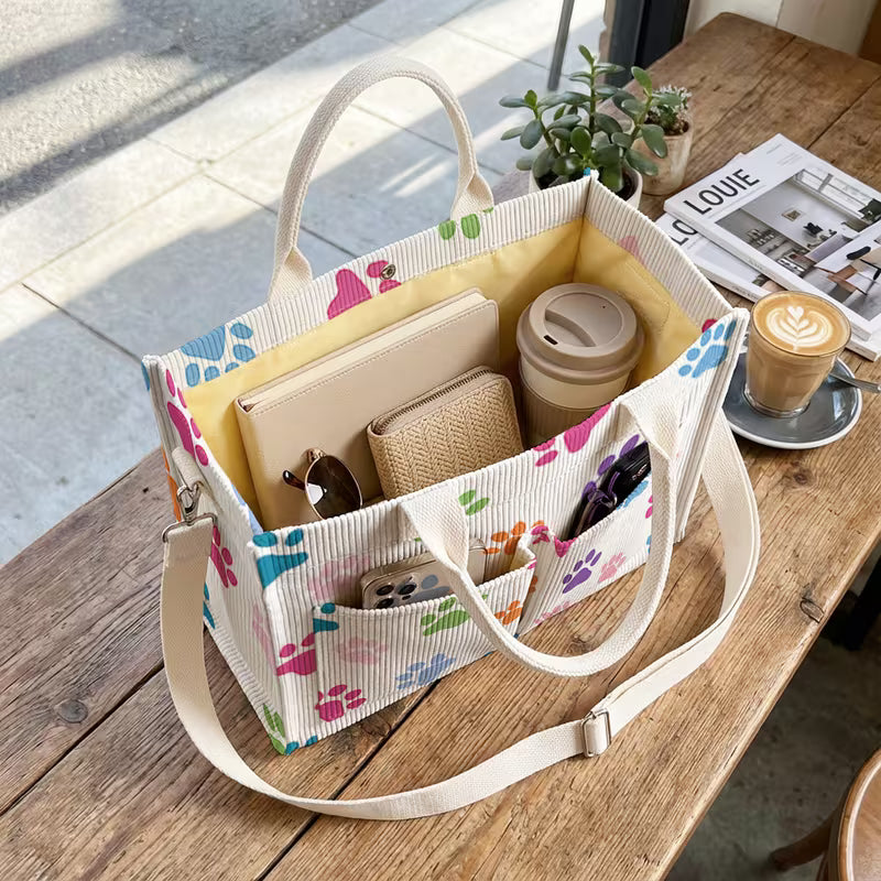 Printed Corduroy Tote Bag with Colorful Paw Print Patterns