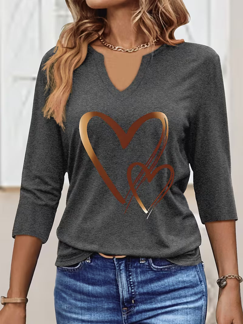 Women's Casual V-Neck Three-Quarter Sleeve T-Shirt with Heart Graphic Print