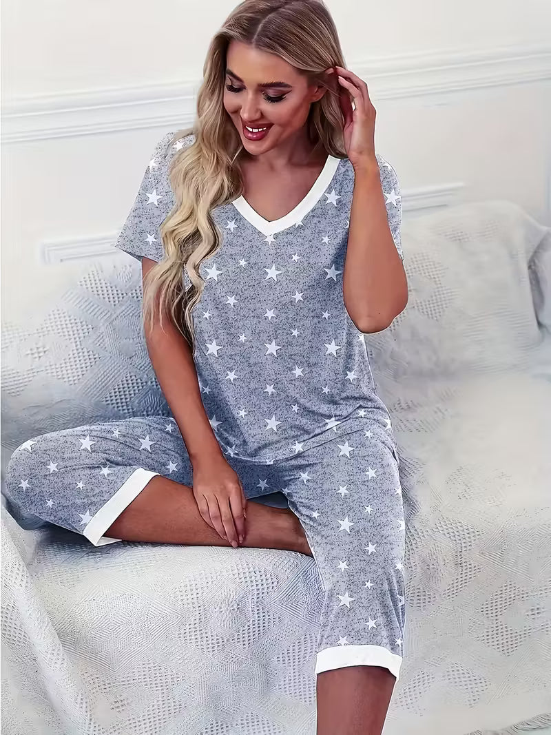 Capri Star Print V-Neck Short Sleeve Top and 3/4 Pants