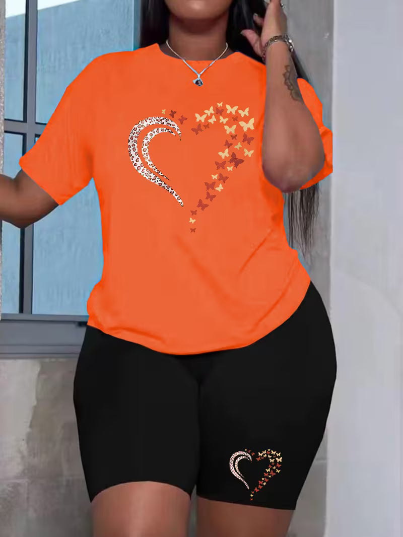 Plus Size ladies summer butterfly fragments love print T-shirt two-piece set