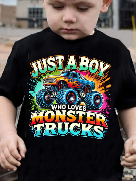 Boy Truck Print Casual Round Neck T-shirt