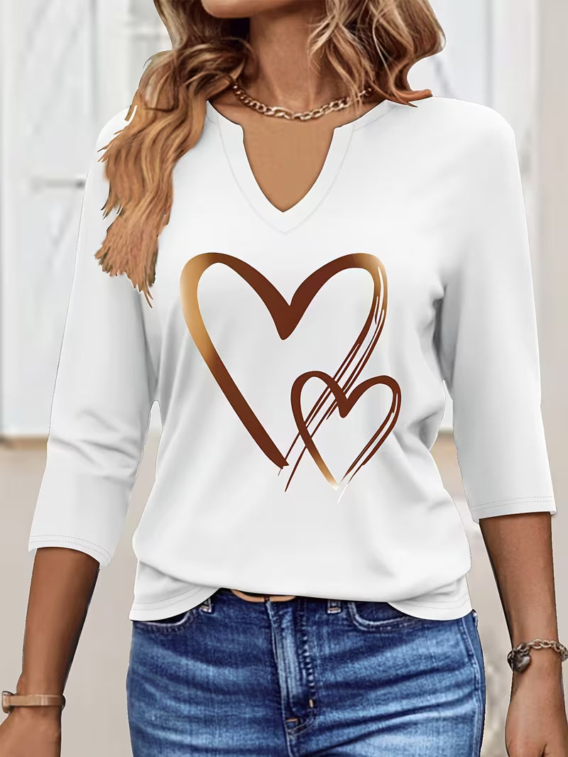 Women's Casual V-Neck Three-Quarter Sleeve T-Shirt with Heart Graphic Print