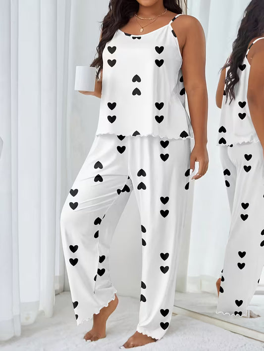 Women's Plus Size Sweet Heart Print Camisole Long Pants  Set