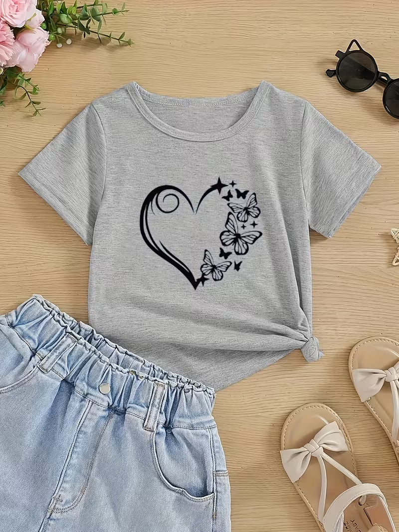 Casual T-Shirt with Heart And Beautiful Butterfly Print
