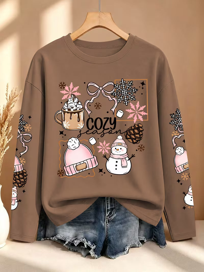 Plus Size Women'S Hot Cocoa Snowflake Snowman Pinecone Multi-Sleeve Printed Long Sleeve Top