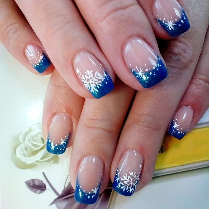 24 PC Short Glossy Fake Nails for Christmas in Blue French Style
