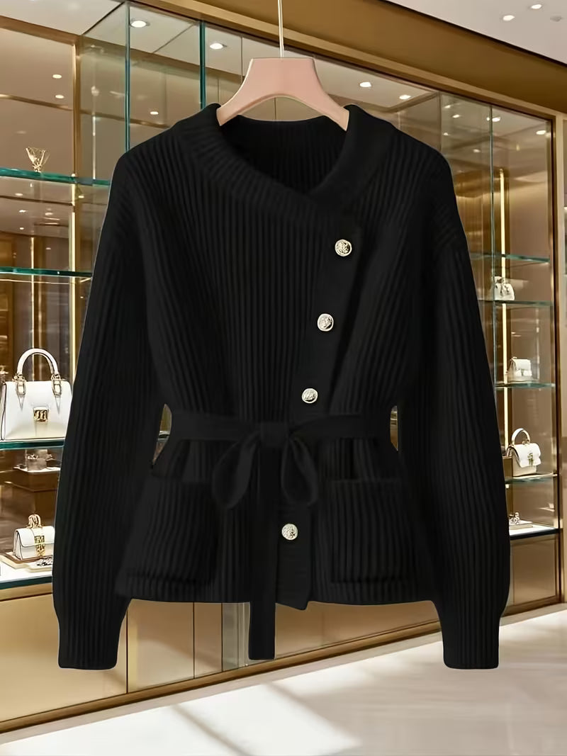 Plus Size Ribbed Cardigan with Diagonal Button Placket