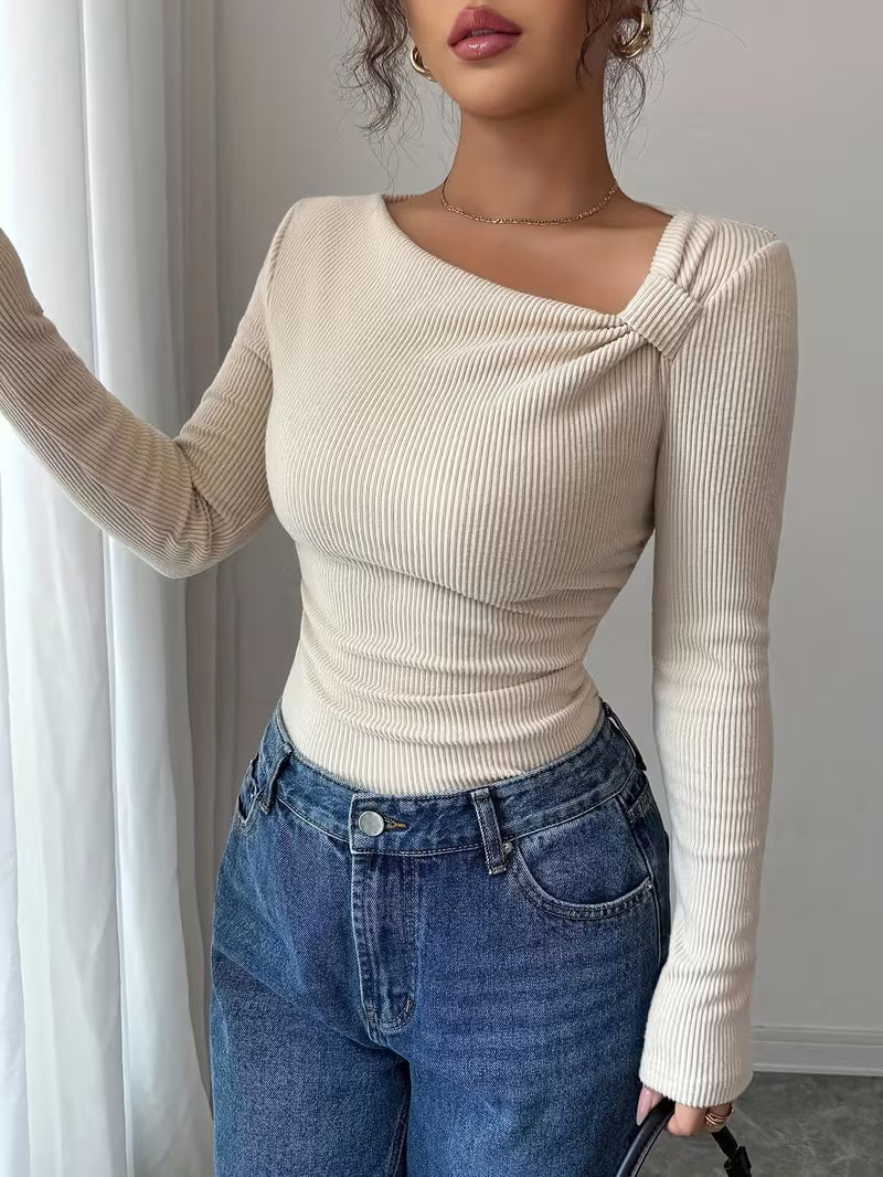 Solid Color Ribbed Twill Long Sleeve T-Shirt