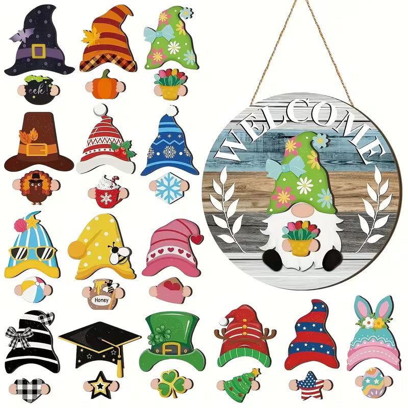Interchangeable Wooden Gnome Decorations with Removable Hats