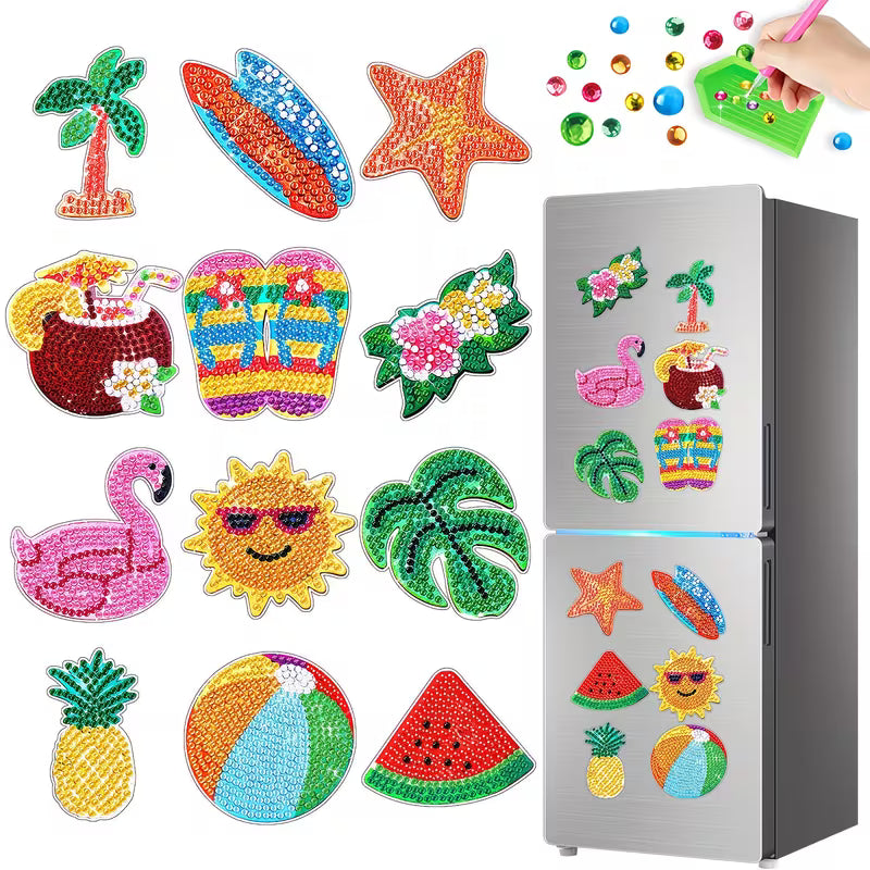 12pcs Summer Pattern Diamond Painting Fridge Magnets