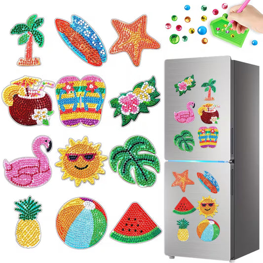 12pcs Summer Pattern Diamond Painting Fridge Magnets