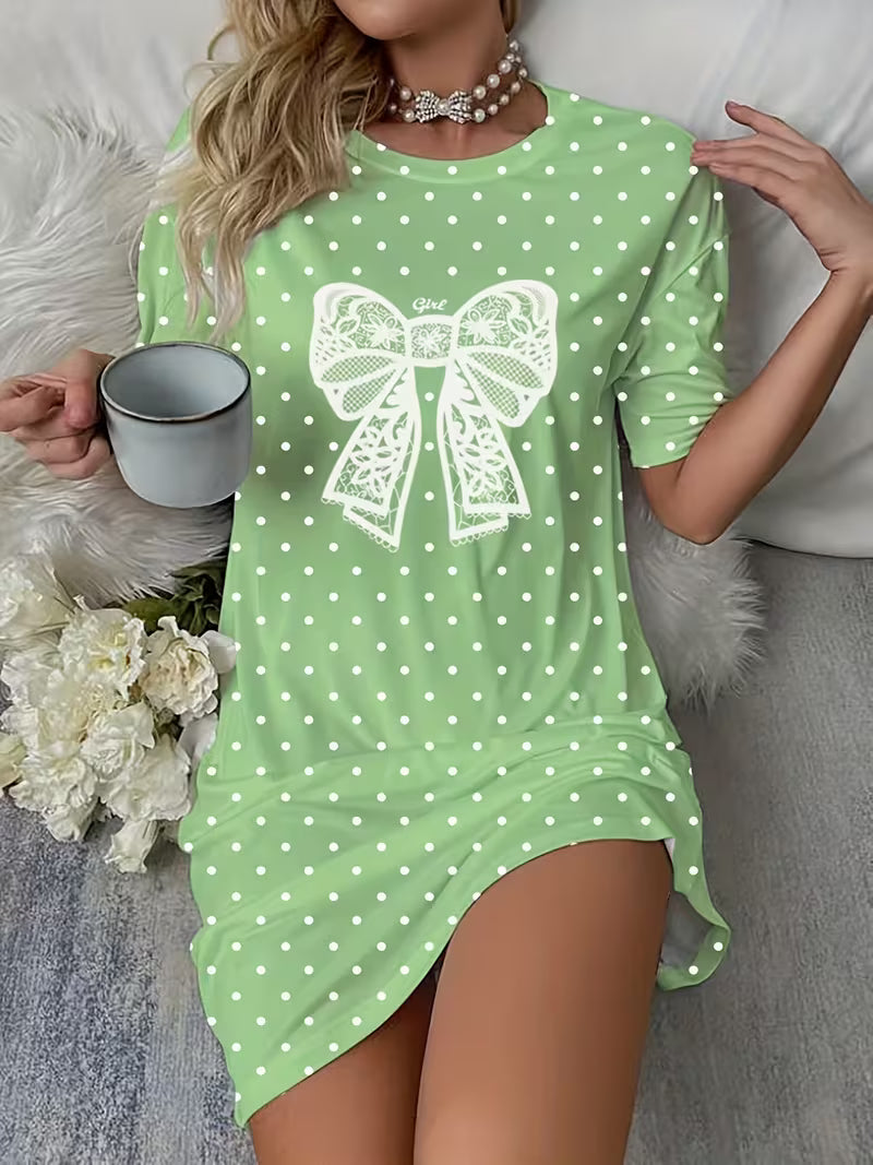 Women's Short Sleeve Round Neck T-Shirt Bow Nightgown