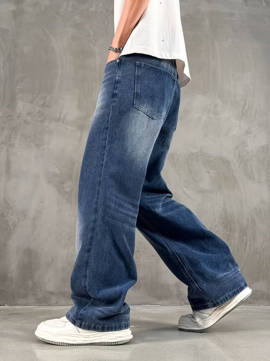 Men'S Vintage Washed Dark Blue Wide Leg Loose Straight Jeans