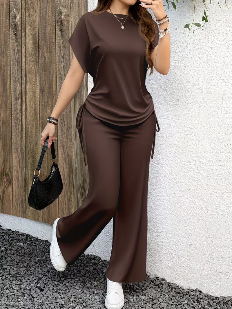 Solid Color Casual Drawstring Pleated Two-Piece Set