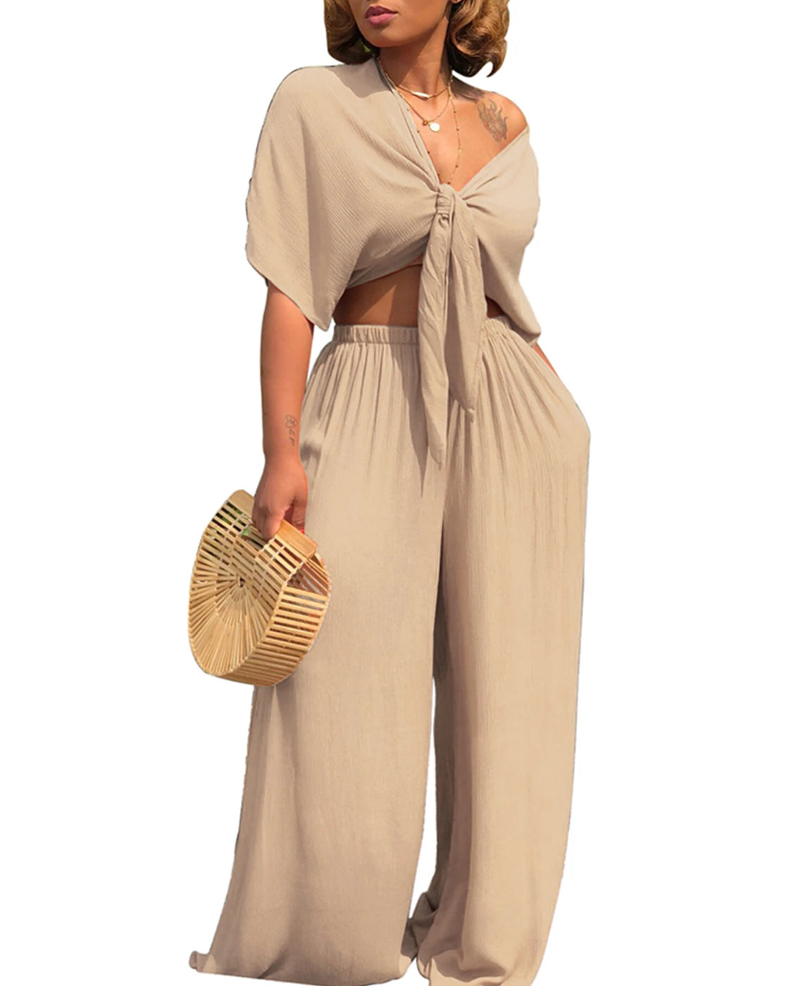 Wide Leg Trousers and Bow Tied Top Set