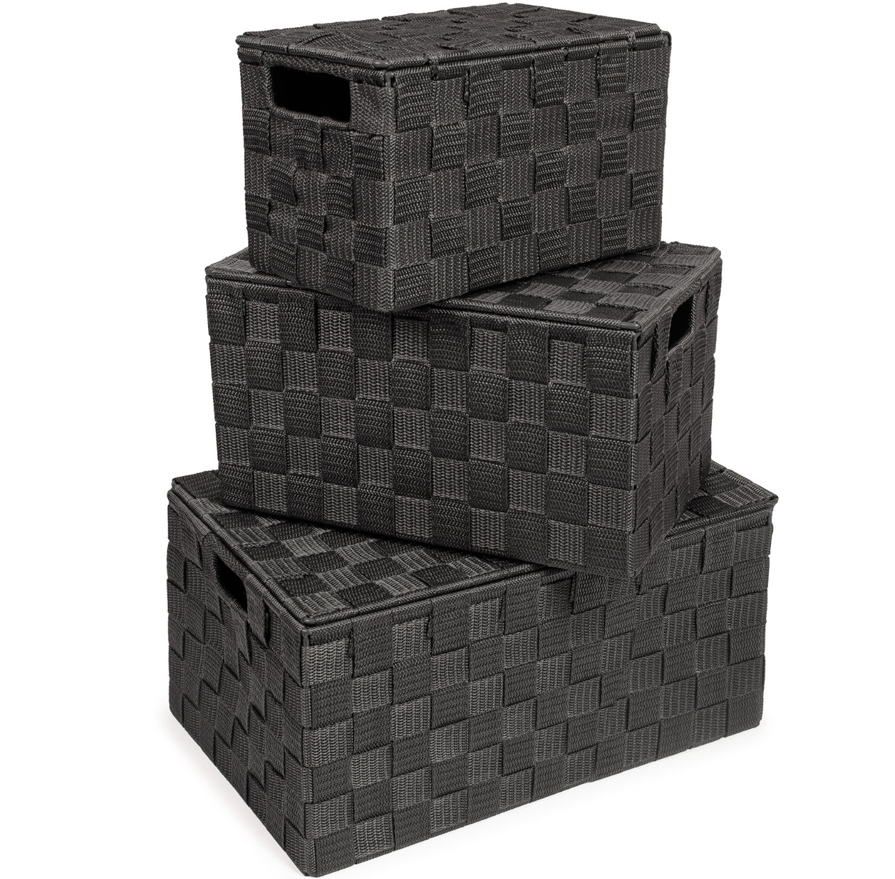 Set of 3 Woven Storage Hamper Basket With Lid