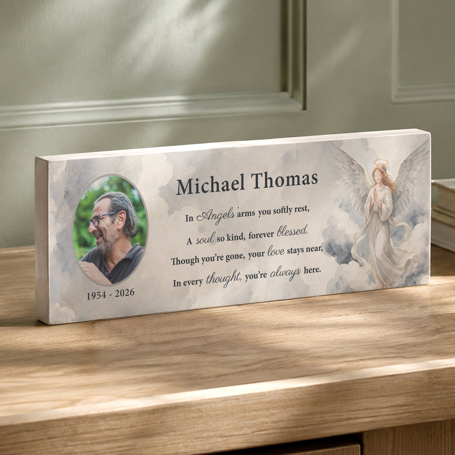 Personalised Memorial Angel Photo Upload Wooden Mantle Block