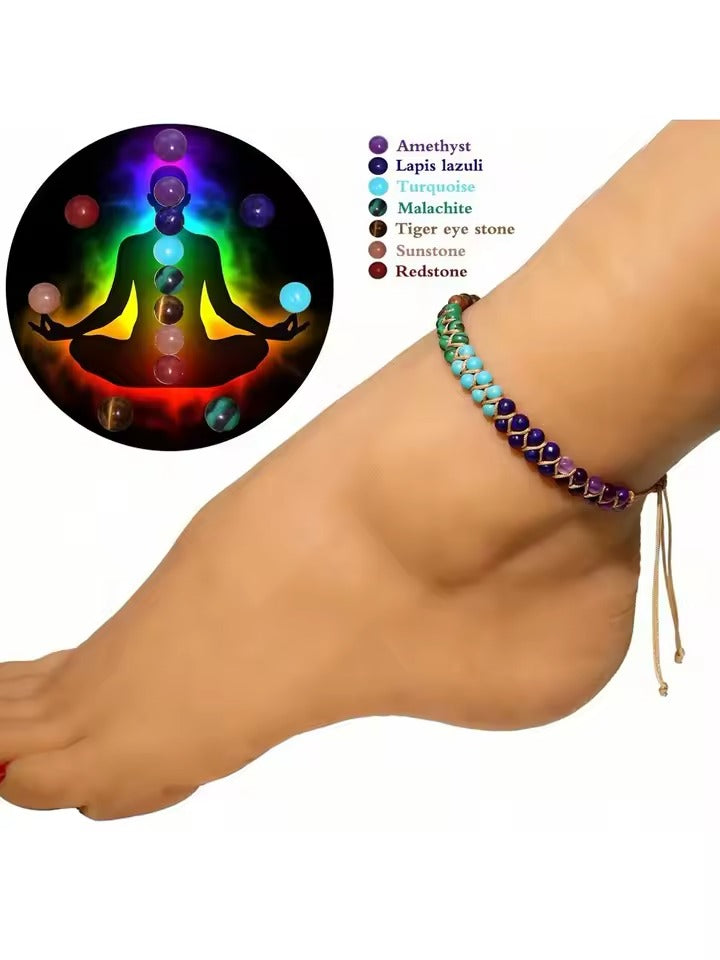 Natural Stone Chakra Anklet With 7 Stone And Adjustable Double Strands For Women