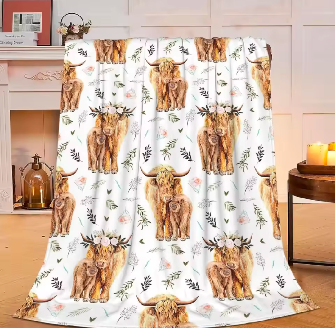 Highland Cow Print Fleece Throw