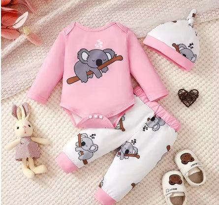 3Pc Girls Koala Print Top, Pants, Hat Set
