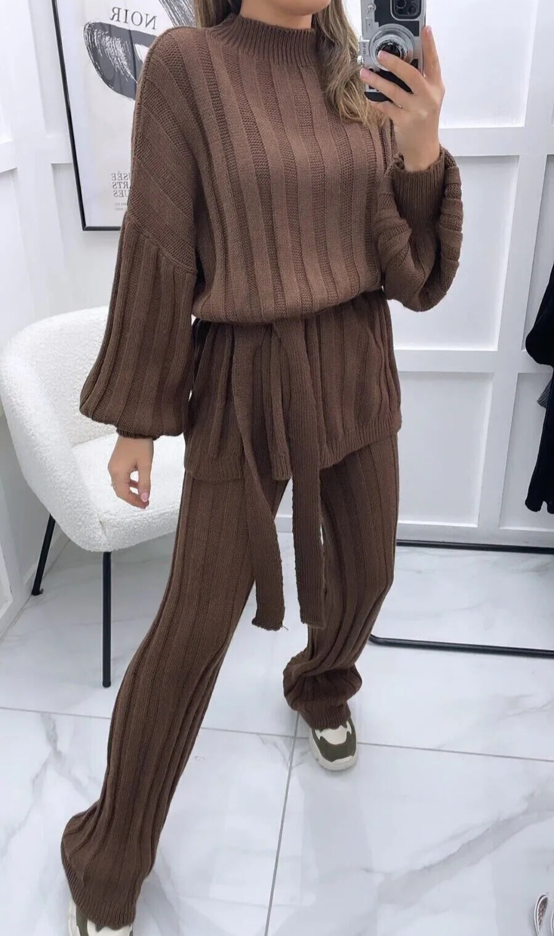 Womens Knitted Tie Up Palazzo Trouser High Neck Lounge Wear Ladies Tracksuit Set